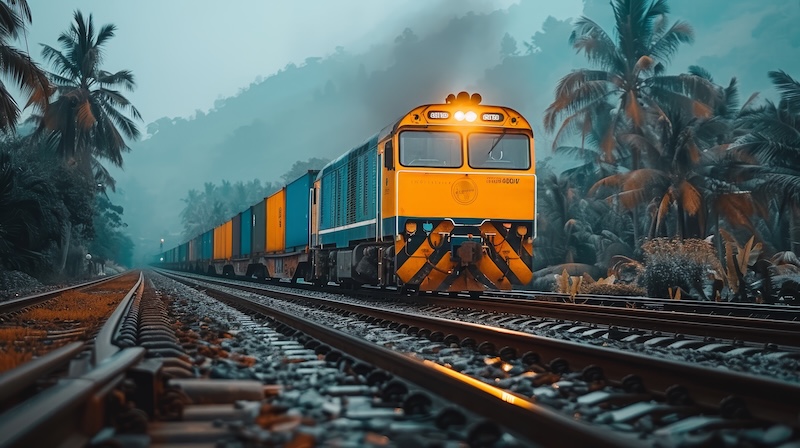 yellow train palm trees