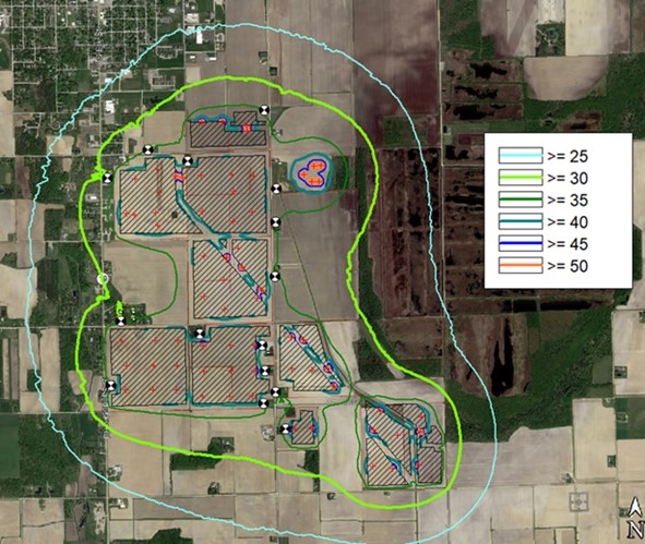 3D acoustic model of a solar facility with sound contours from 25 to 50 dBA (photo credit Acentech)